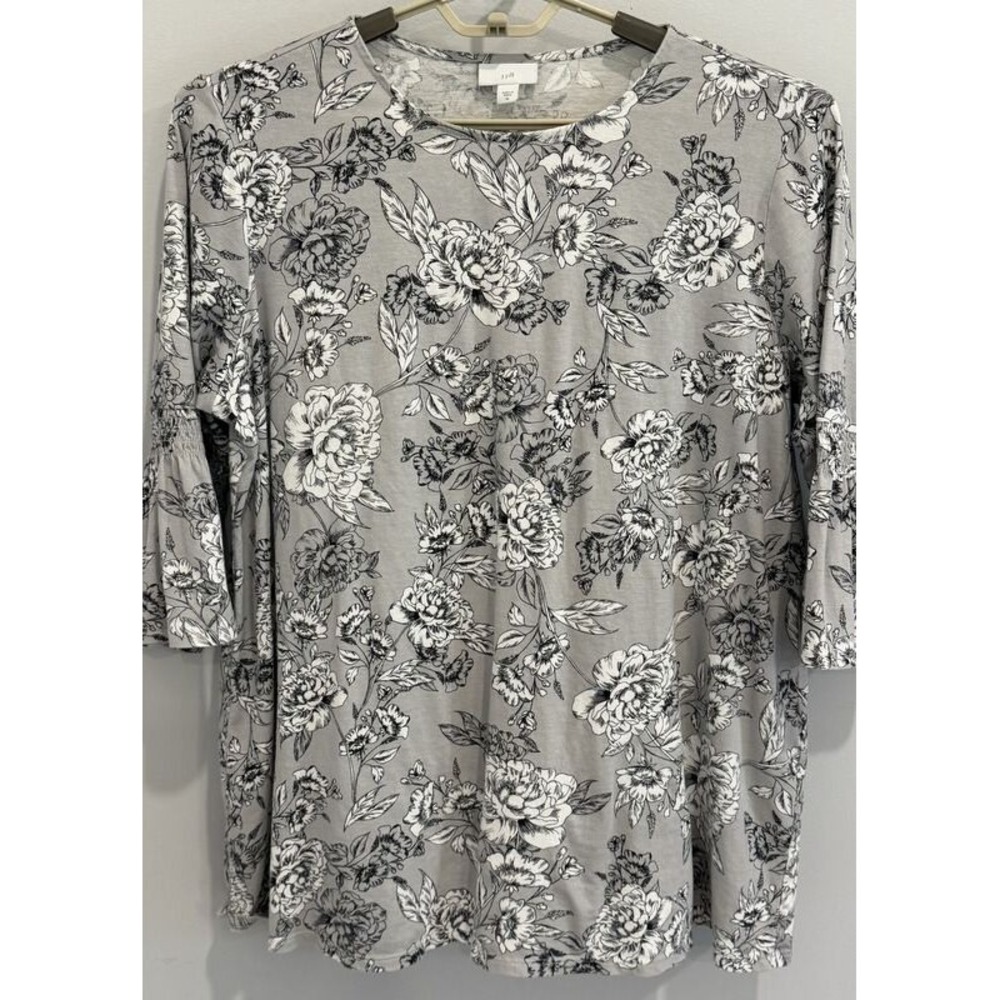 J Jill Gray 3/4 Gathered Elbow Flounce Sleeve Shirt Gray Black/White Flower L